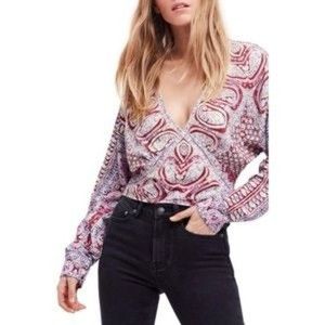 Free People Wild And Free Paisley Smocked Blouse Pink V-Neck Size Small